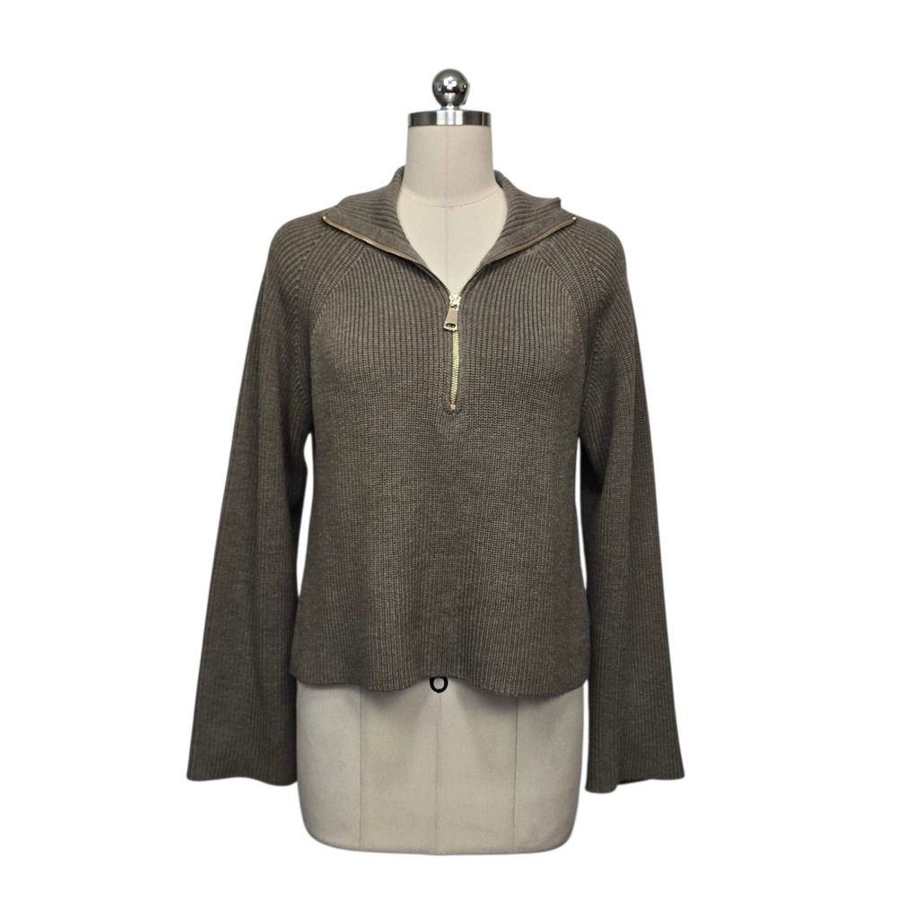 Hyacinth House Womens Ribbed Quarter Zip Wool Blend Sweater Olive Brown Size XS